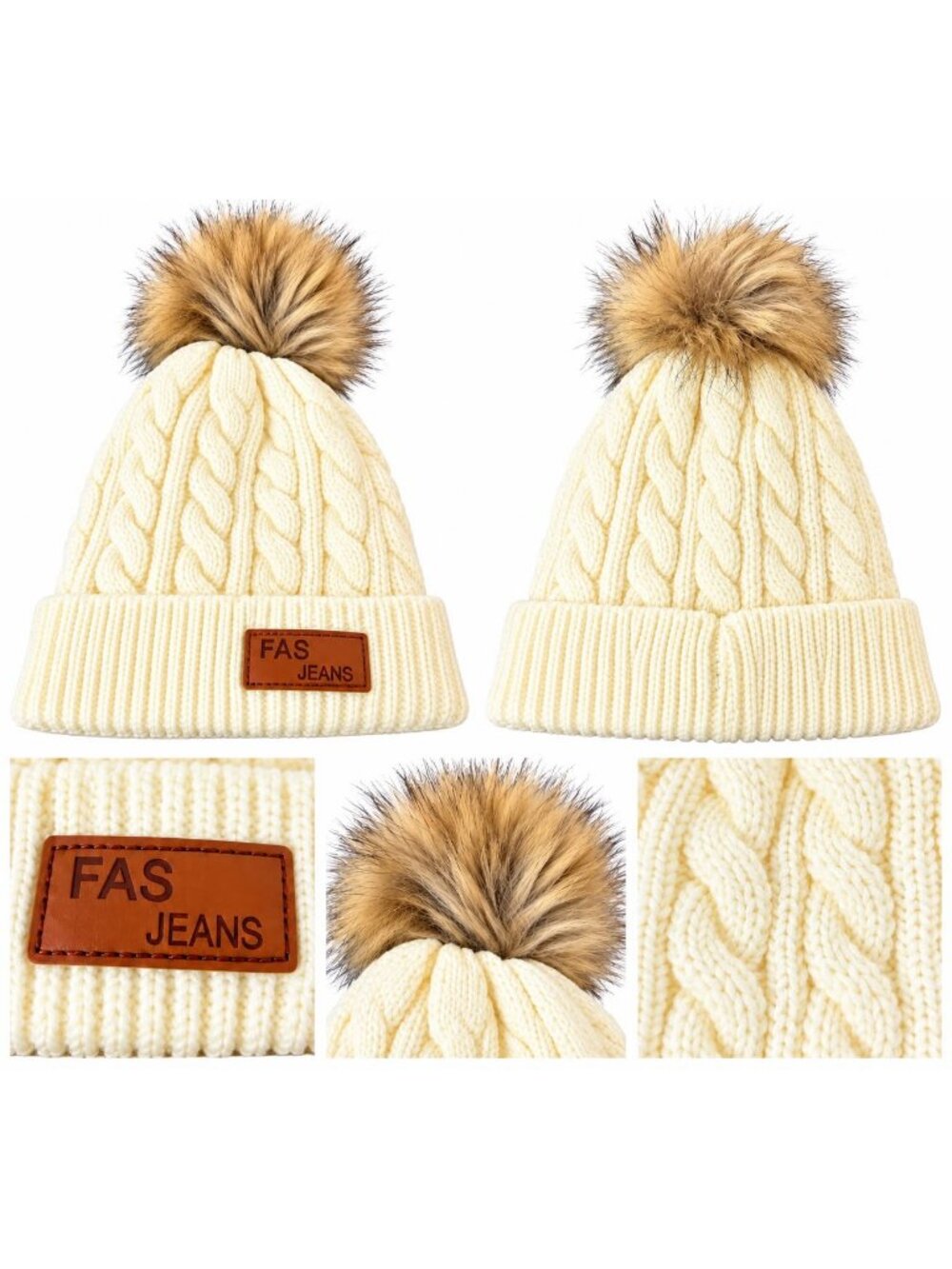 FAS Jeans Ivory Cream Cable Knit Beanie Hat with Faux Fur Pom Pom
